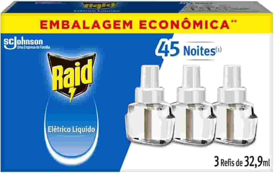 Raid Repelente Eletrico Líquido Refil, Até 45 Noites de Proteção, 3 unidades de 32,9ml