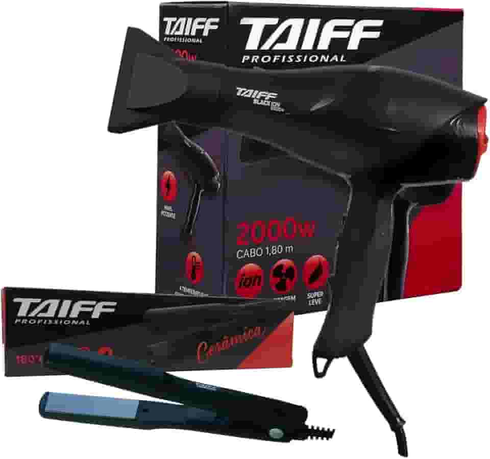 KIT TAIFF - SECADOR CABELO PROF. BLACK ION 2000W 220V + PRANCHA CERAMIC 180ºC
