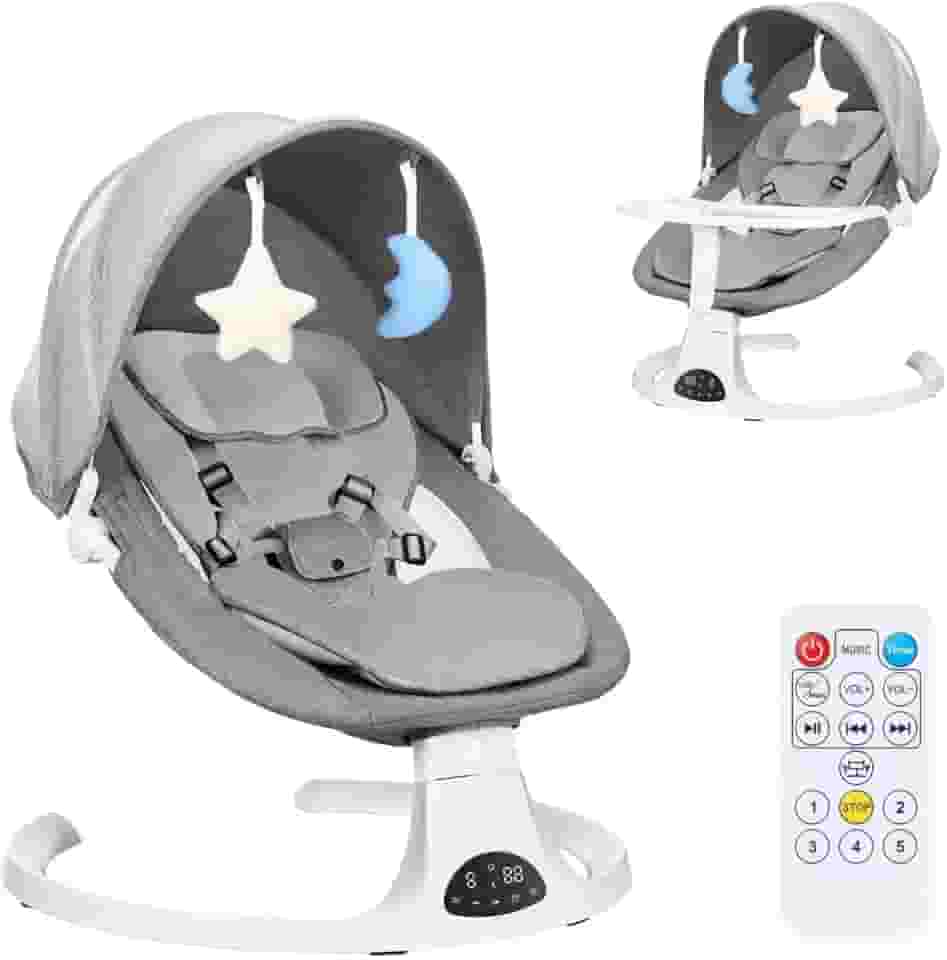 Hivento Cadeira de Balanço Elétrica para Bebê, Cadeira Portátil para Recém-Nascidos com Controle Remoto, Cinto de Segurança de 5 Pontos, 5 Velocidades, 3 Configurações de Temporizador, 10 Canções de Ninar, Capacidade Máxima de 15 KG