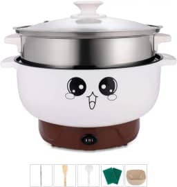 Panela de cozinha elétrica multifuncional 4-em-1 panela quente elétrica Wok para macarrão cozinhar arroz sopa de guisado de peixe cozido no vapor pequeno antiaderente (2,3L, com tampa e vapor)