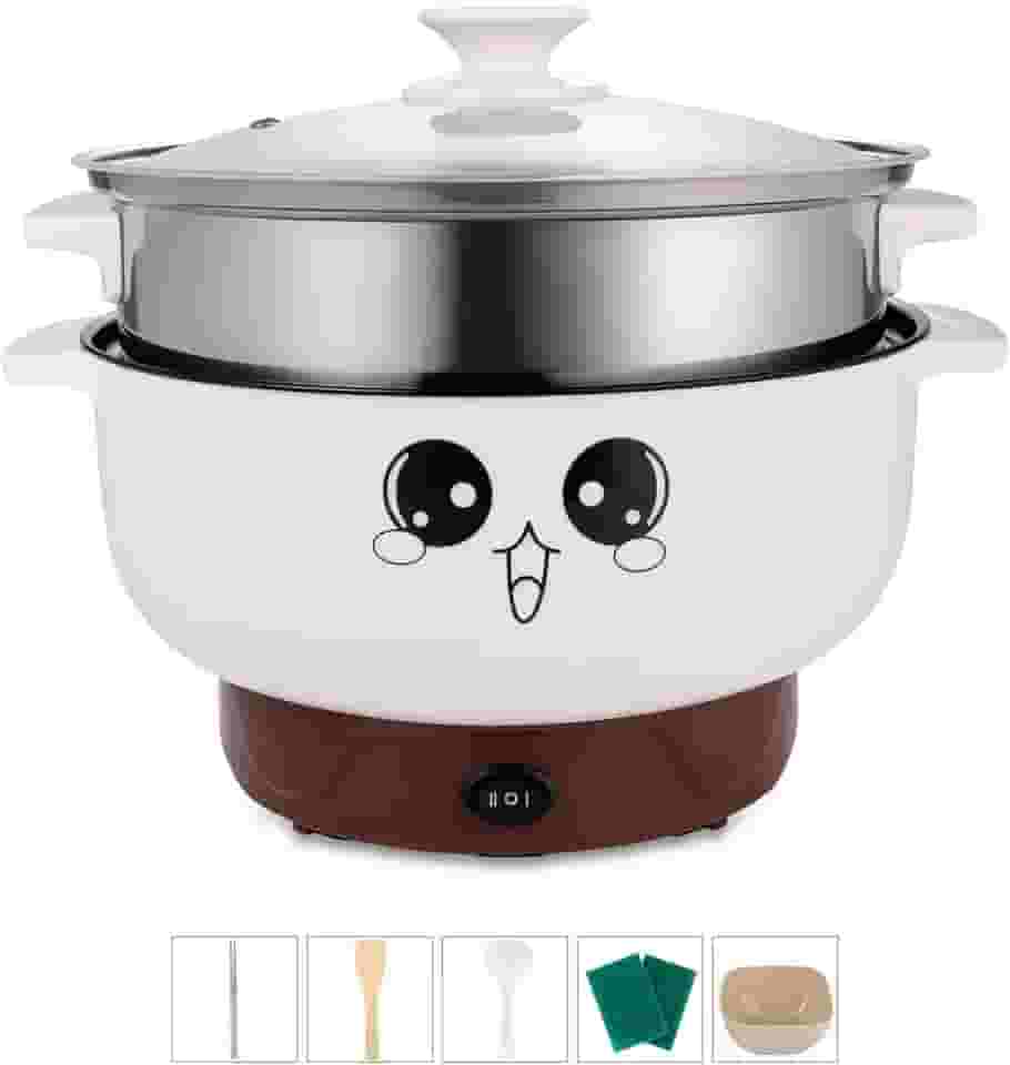Panela de cozinha elétrica multifuncional 4-em-1 panela quente elétrica Wok para macarrão cozinhar arroz sopa de guisado de peixe cozido no vapor pequeno antiaderente (2,3L, com tampa e vapor)