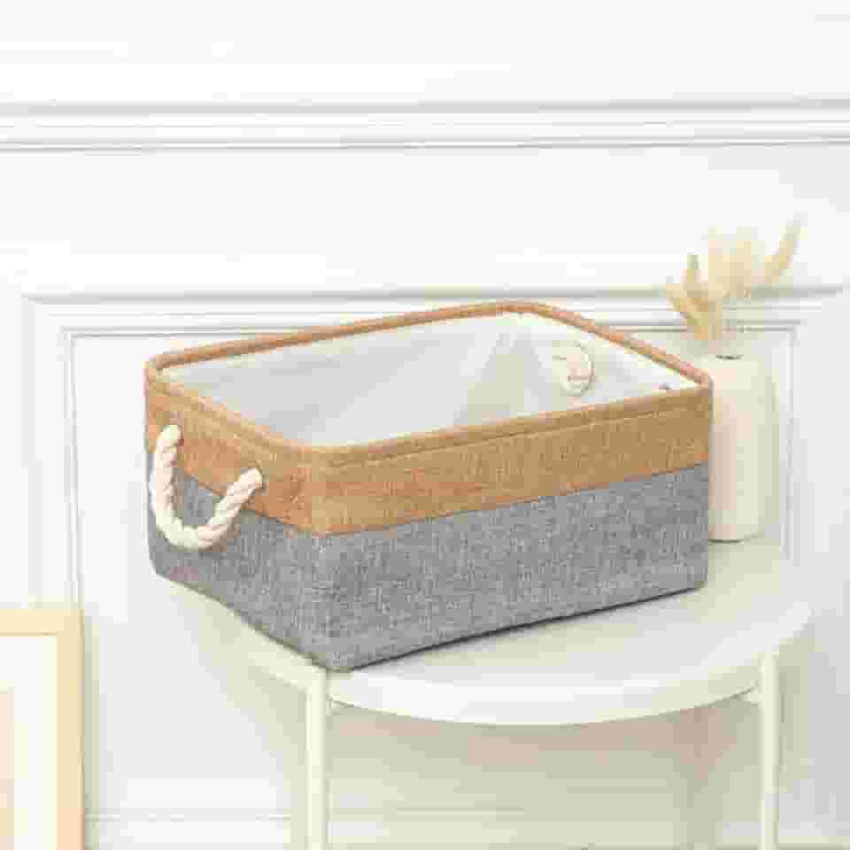 1 Caixa Cesto Organizador De Tecido Linho Dobrável 31x21x13 (cinza com palha)