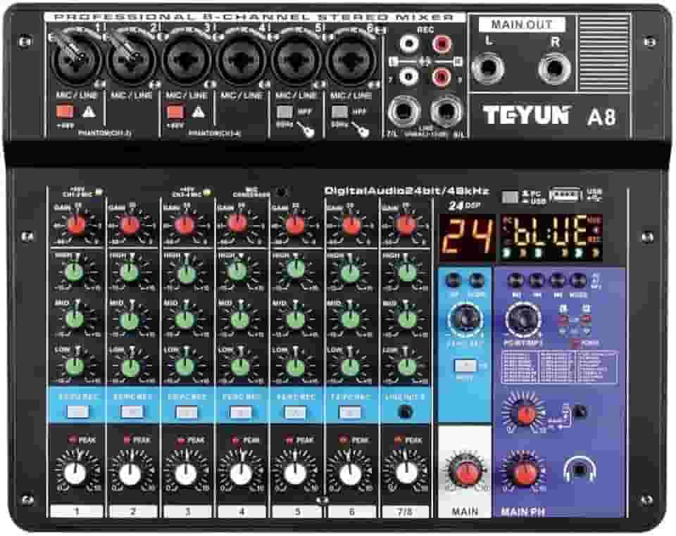 TEYUN Mixer de Áudio Profissional A8, 8 Canais, Bluetooth, USB, Phantom Power 48V, Placa de Som Digital, Ideal para Gravação Transmissão ao Vivo Podcast e Produção Musical em Casa 7/6/5/4/3 corredor