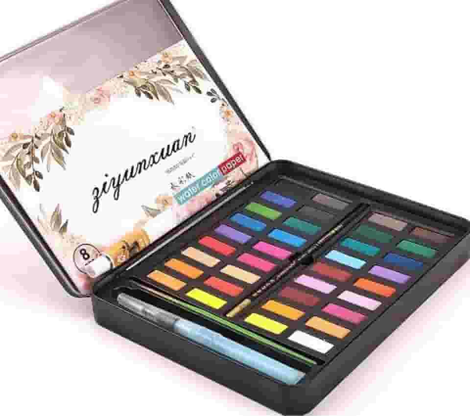 Conjunto de Tinta Aquarela Em Pastilhas para Artes, Estojo de Metal com 36 Cores, com Lápis, Caneta Pincel de Água, Pincel e 8 folhas de Papel para Aquarela