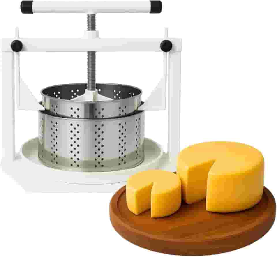 Kit Prensa Queijo Caseira Artesanal + 2 Formas de Queijo Minas Frescal Inox Redonda 500g e 1kg + Tampas e Reservatório
