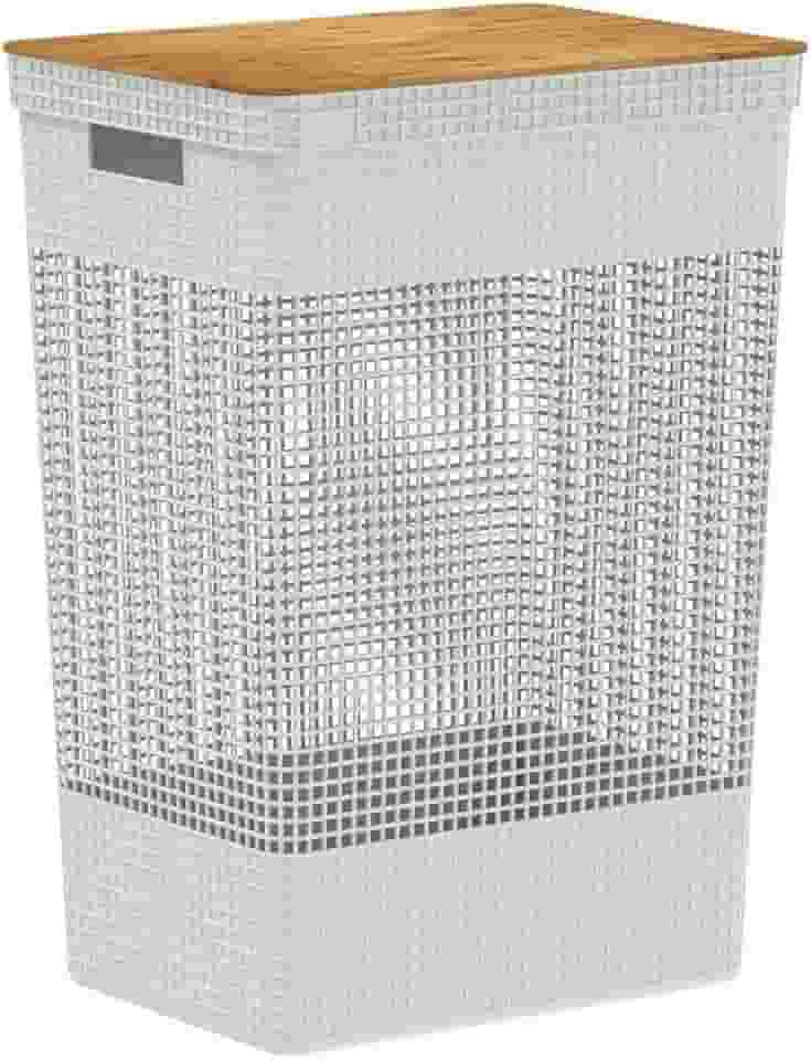 Ou Cesto de Roupas com Tampa de Bambu 49L Branco Oceano Linha Grid