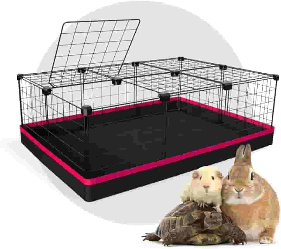 Cercado Pet para Porquinho da Índia com Teto 60x90x30cm com Bandeja Impermeável Telas Pretas e detalhe Rosa
