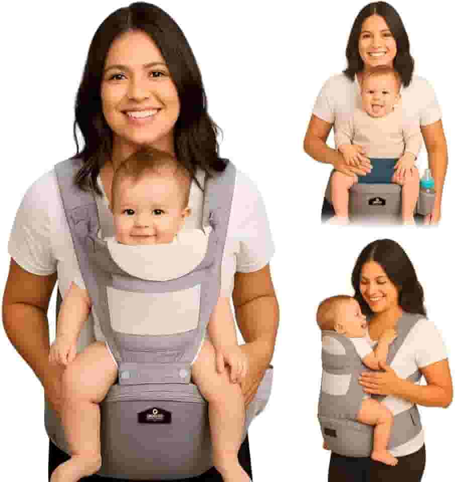 AIEBAO Mochila Canguru Classic Para Bebê, Ergonômico, Com Assento, 03 Modos de Uso, Apoio Lombar, Com Suporte de Cabeça, Bolso Frontal e Lateral, Até 48 Meses, Suporta 36kg, Acolchoado, Fivelas Ajustáveis, Cinza.