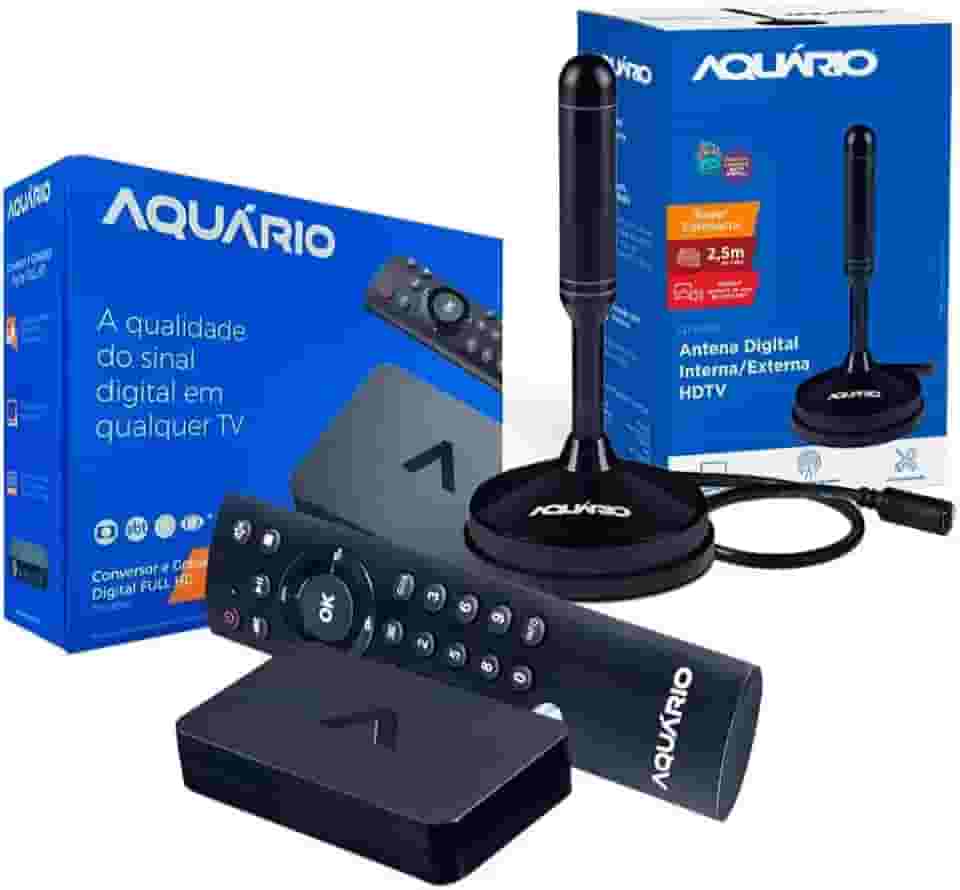 Aquário Conversor Digital e Gravador Full HD para TV com Antena Externa, Preto, HDMI, USB, Controle Remoto, DTV-9000, 5 Portas, Função PVR, 150 cm