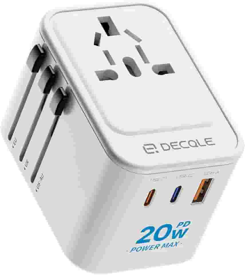 decqle Adaptador de tomada universal, adaptador de viagem com 2 USB-C (PD 20W) e 1 USB-A, adaptador universal para UE, Reino Unido, americano, Canadá, Austrália e 224 país(branco)