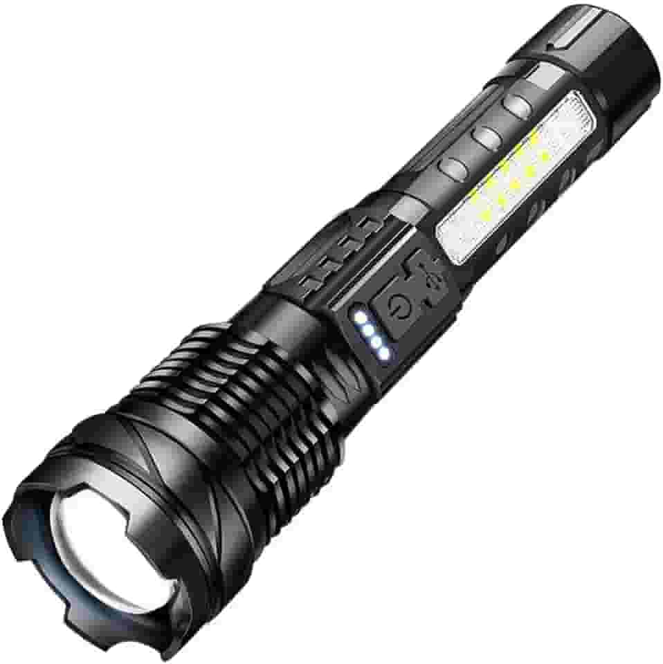 Lanterna Tática LED Recarregável USB Cor Preto Super Potente com Zoom Profissional de Luz Forte do Mundo Militar Pesca Portátil