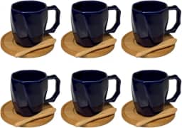 Kit 6 Canecas de Cerâmica 120ml com Colheres e Pires de Bambu – Design Minimalista, Ideal para Café e Presentes - E-FCS Store (Azul Marinho)