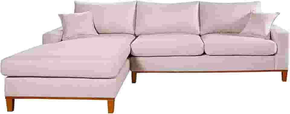 Sofa Living California 4 Lugares Chaise Lado Direito Revestido Linho Base Madeira Cor:Champagne