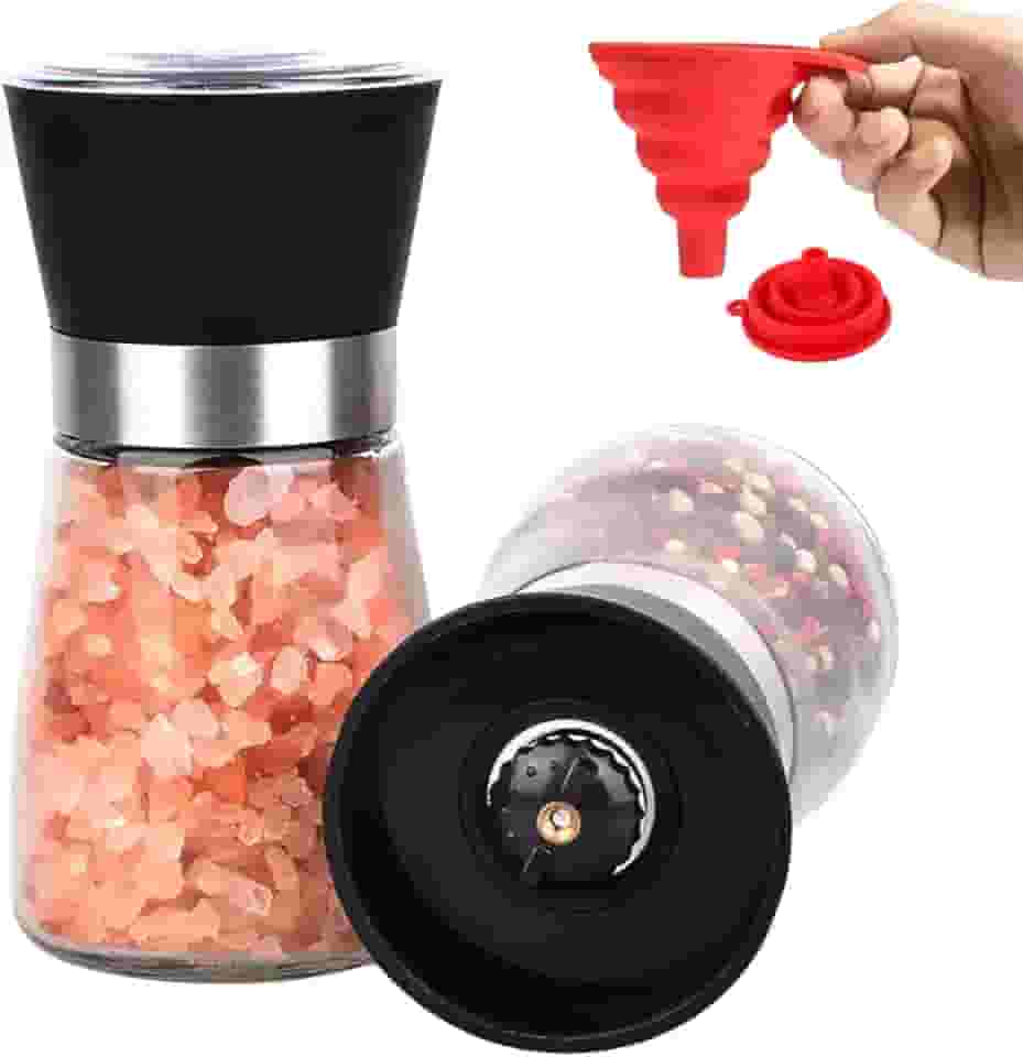 Kit 2 Moedor de Pimenta e Sal com Funil de Silicone Em Aço Inox e Vidro Moedor de sal grosso moedor sal moedor pimenta Moedor de Sal porta sal saleiro de mesa saleiro e pimenteiro - Bertaglia®