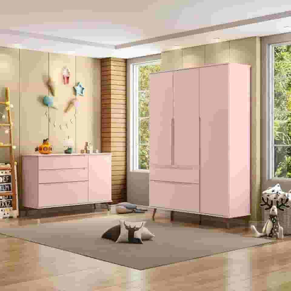 Jogo de Quarto Para Bebê Completo Melinda com Roupeiro e Cômoda Rose