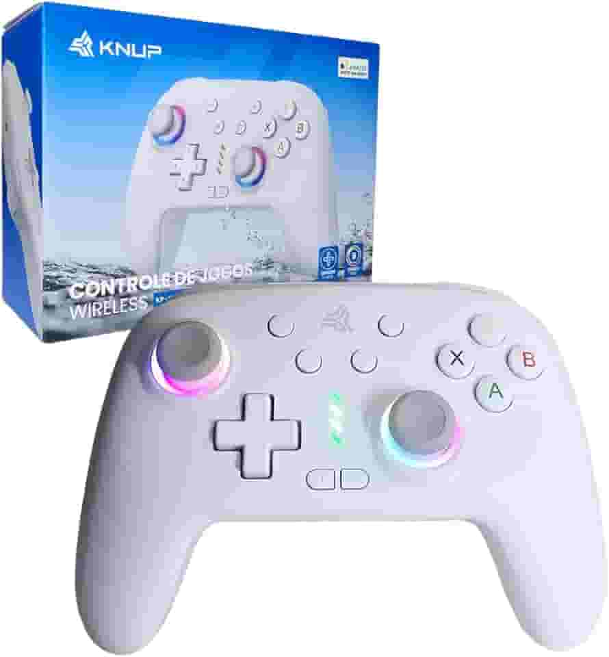 Controle Gamer Gamepad KP-GM038 Branco Com LED Iluminação RGB, Bluetooth, 16 Botões, Botão Macro Configurável Compatível com Android via Bluetooth e PC Windows 10 e 11, iOS, Nintendo Switch Sem Fio Bluetooth Wireless Controle Manete com Vibração Dupla Joystick Com Sensor de Movimento