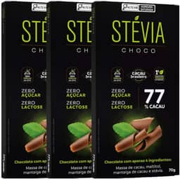Kit com 3 Unidades de Chocolate 77% Cacau Zero Acucar Zero Lactose de 70g cada - Stevia Choco