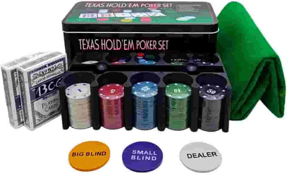 JOGO PARA POKER 200 FICHAS NUMERADAS NA LATA COM 2 BARALHO E TOALHA