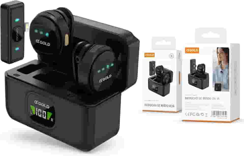 Microfone de Lapela A GOLD PRO Sem Fio Lightning, Kit Duplo com Case de Carregamento, Compatível iPhone 7 ao 14, iPad, Cancelamento de Ruído, IA Antirruído, TikTok, Podcast, Reuniões Online