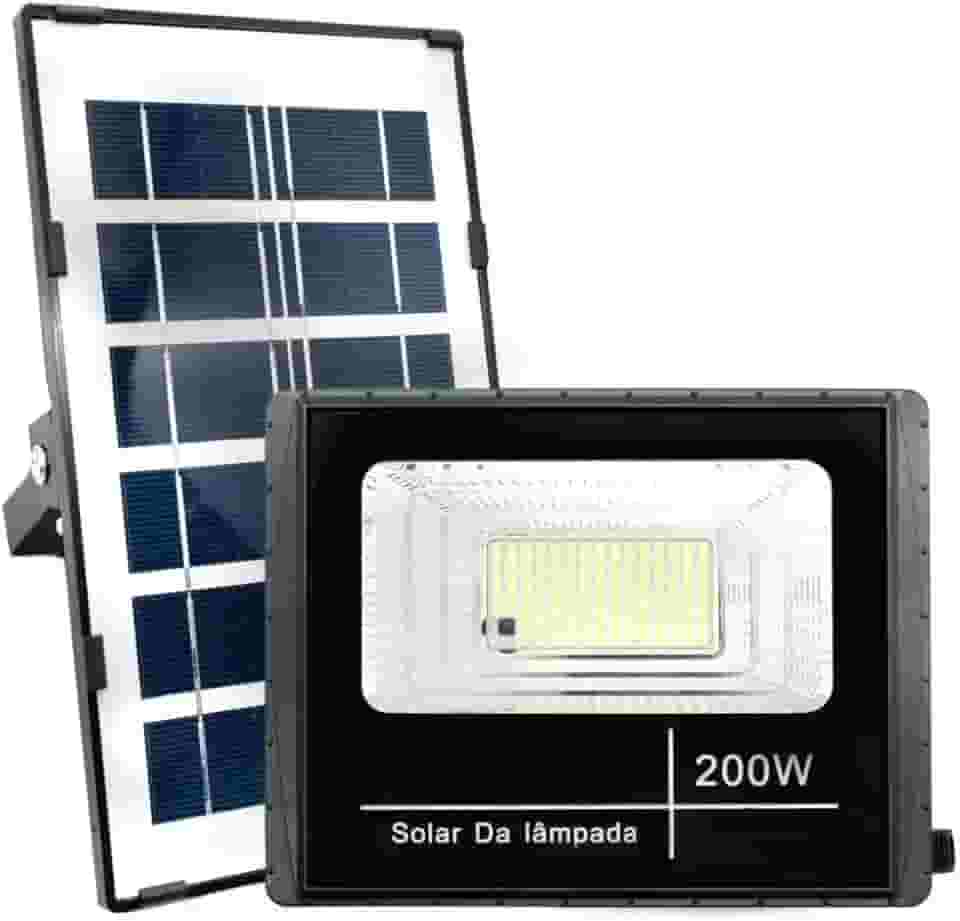 Refletor Solar LED 200W, Holofote Externo com Controle Remoto, Painel Solar, 6000K