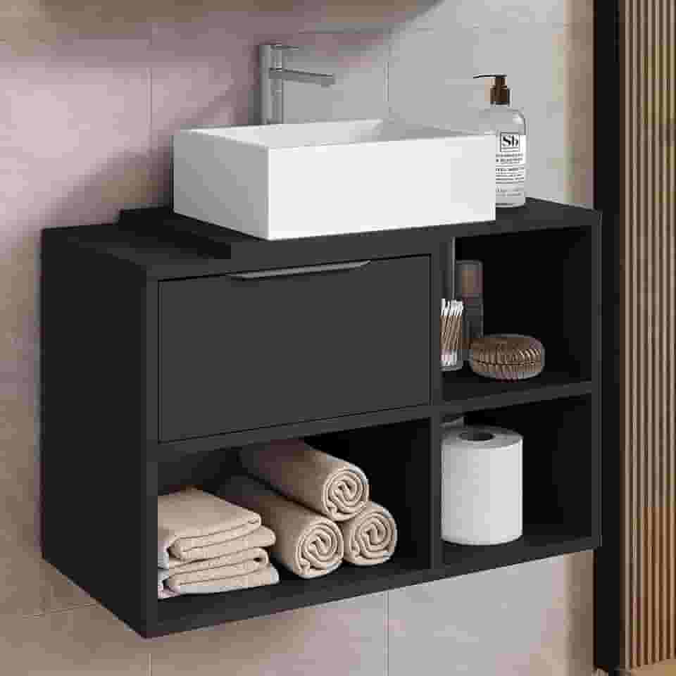 Gabinete Kauane Suspenso para Banheiro com Nichos e Gaveta 60cm – Moderno e Funcional (preto)