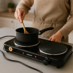 Fogão Elétrico de Indução, 2 Bocas, Preto, 220V, 2000W por Placa, Portátil, Controle de Temperatura Ajustável, Base Antiderrapante, Ideal para Apartamentos e Viagens