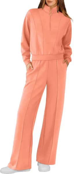 Conjunto feminino de 2 peças, conjunto de roupas de outono, moletom com meio zíper, calça de moletom de perna larga, conjunto de roupas combinando