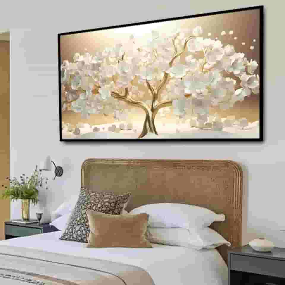 Quadro Decorativo Floral Árvore da Prosperidade Dourada, com Moldura Retangular de 2cm, ideal para Sala de Jantar e Estar, Quarto, Escritório e Hall de entrada. Tamanho 60X90 cm.