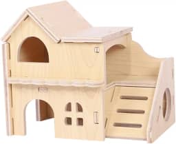 Generic Casa de madeira para hamster, labirinto, dois andares, suprimentos divertidos para animais de estimação, acessórios para gaiola, habitat de cabana,