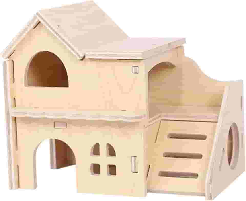 Generic Casa de madeira para hamster, labirinto, dois andares, suprimentos divertidos para animais de estimação, acessórios para gaiola, habitat de cabana,