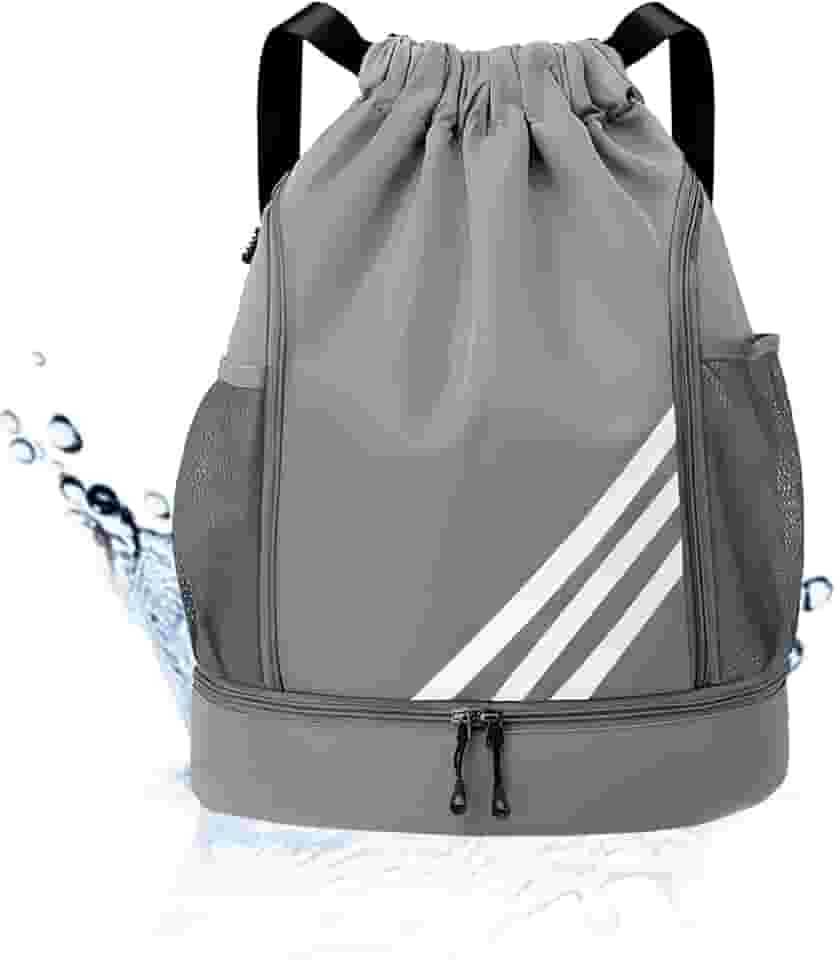 Mochila Esportiva com Cordão, Separação seca e húmida, Mochila de grande capacidade para viagens de lazer, Bolsos Laterais em Malha, Preto com Listras