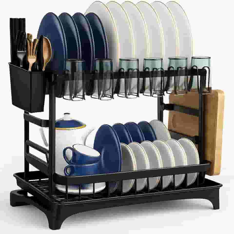 Escorredor de Louça em Aço Carbono Inoxidável com Drenagem automática, Antiderrapante, Bandeja Resistente a Ferrugem Modular Multifuncional (Preto)