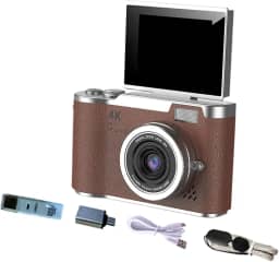 KiBcsLic Câmera digital com digital de 8x, tela de 2,4' 720p/1080p, câmera de vlog, tela flip de 180° para iniciantes e adultos, presente de ação de, Marrom