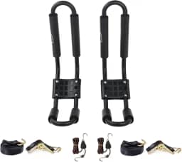 AA-Racks J-Bar Rack para caiaque, canoa, barco, suporte superior no teto do carro, SUV e caminhão, com tiras de amarração de catraca de 4,6 m, arco de catraca de 3,5 m e tiras de amarração de popa