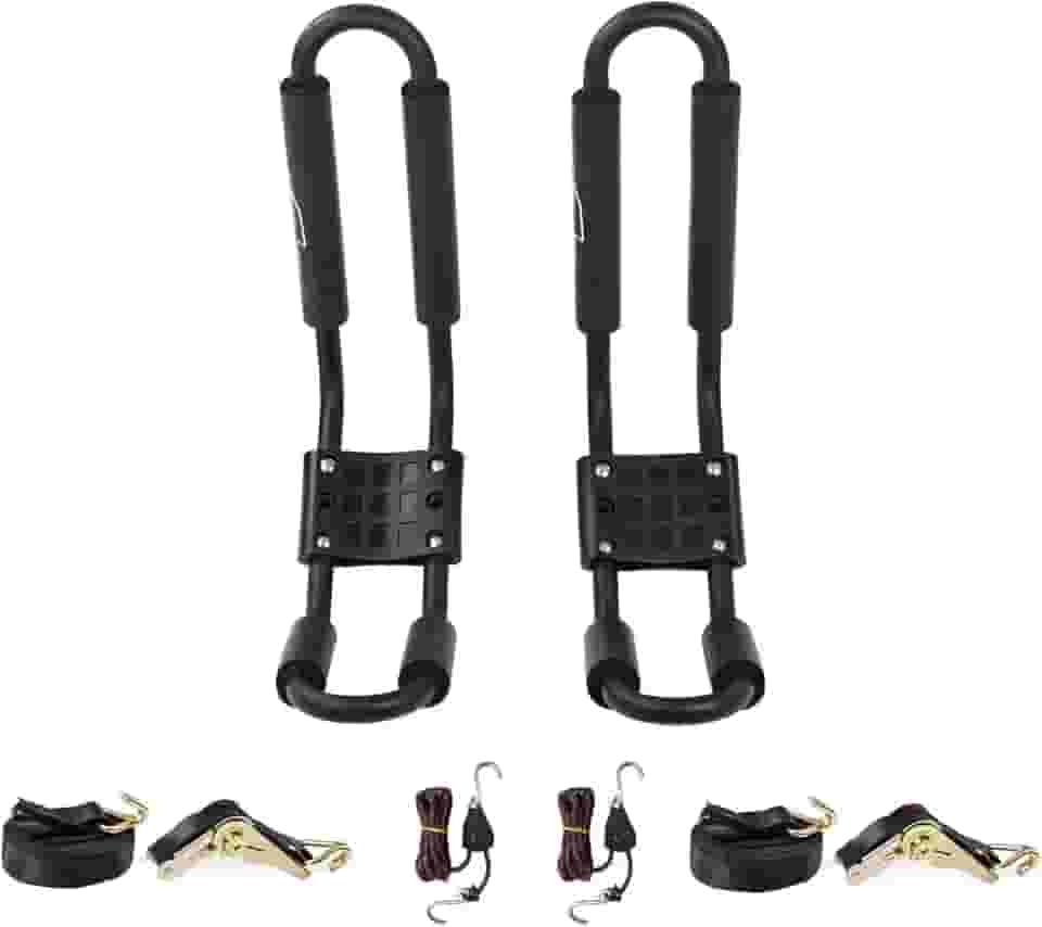 AA-Racks J-Bar Rack para caiaque, canoa, barco, suporte superior no teto do carro, SUV e caminhão, com tiras de amarração de catraca de 4,6 m, arco de catraca de 3,5 m e tiras de amarração de popa