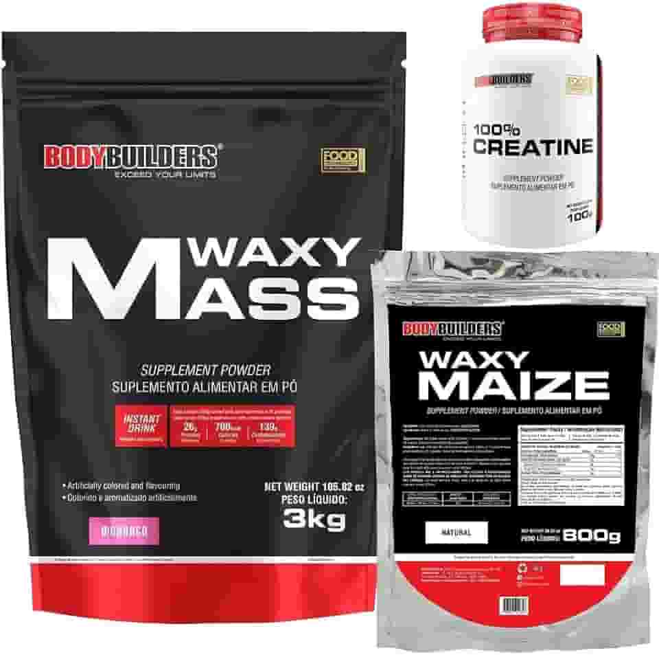 Kit Hipercalórico Waxy Mass 3kg Morango + Waxy Maize 800g Natural + Creatina 100g - Bodybuilders