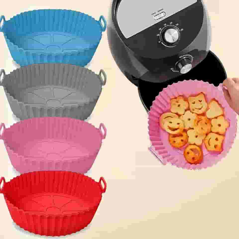 Kit 2 Formas de Silicone para Air Fryer Antiaderente, Reutilizável, Livre de BPA, Alta Temperatura, Forno e Micro-ondas, Fácil de Limpar - Cores Sortidas
