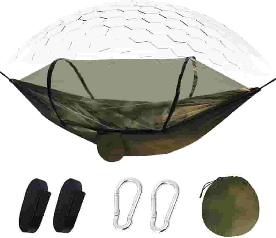 Rede de Camping com Mosquiteiro,240 * 160cm Material 210T Bom giro, Suporte 250kg,Portátil Dobrável Rede de Árvore Acampamento (Corda+Mosquetão),Montagem Rápida,para Praia,Jardim e Aventuras Outdoor.