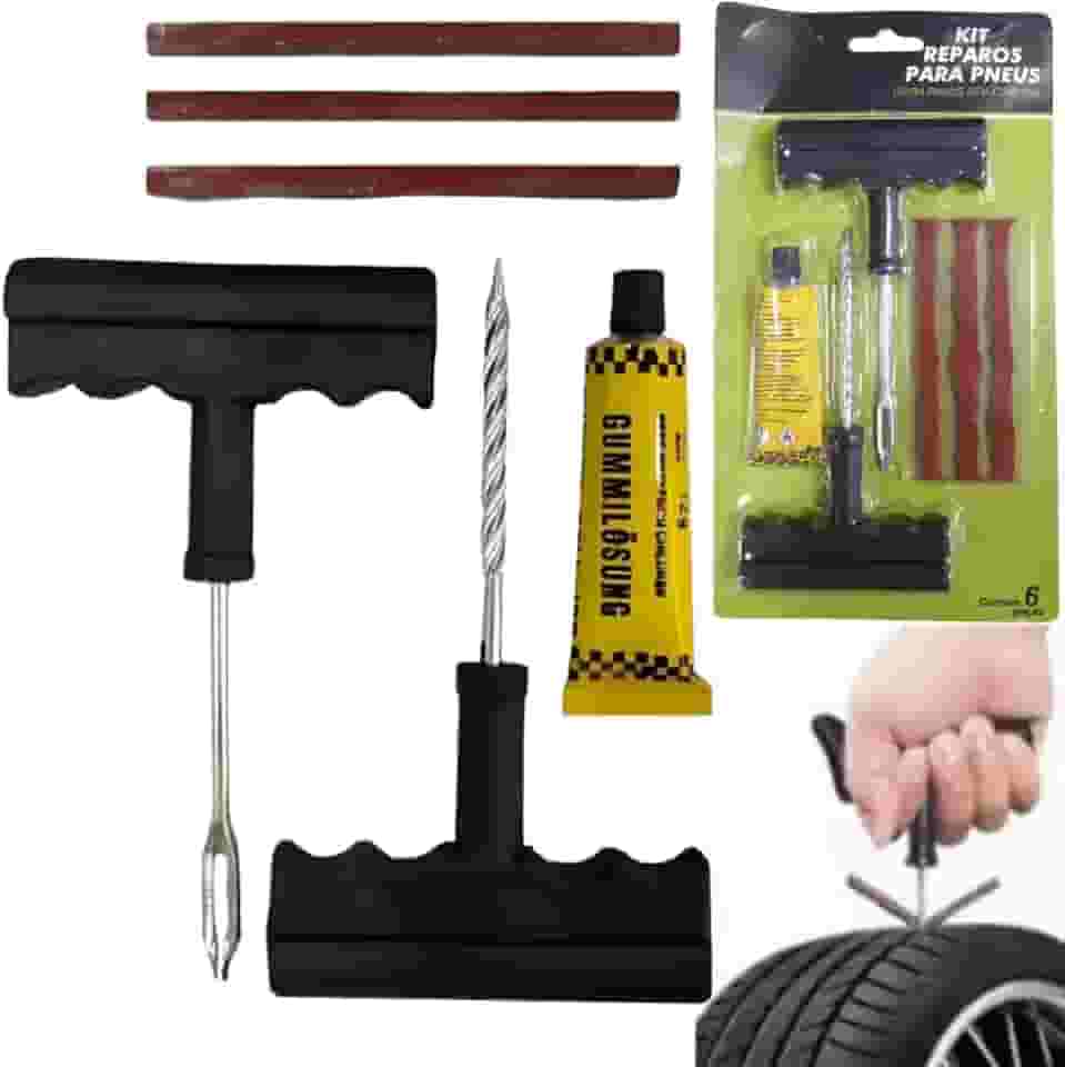 Kit Reparo de Pneus 6 Peças Tubeless Compacto Prático com Escareador Aplicador Cola e 3 Varetas Solução Rápida para Emergências em Carros Motos e Bikes