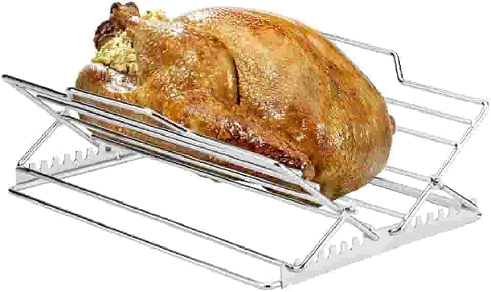 Rack ajustável de aço inoxidável para assar frango, suporte dobrável em forma de V para frango peru, para assar e grelhar no forno