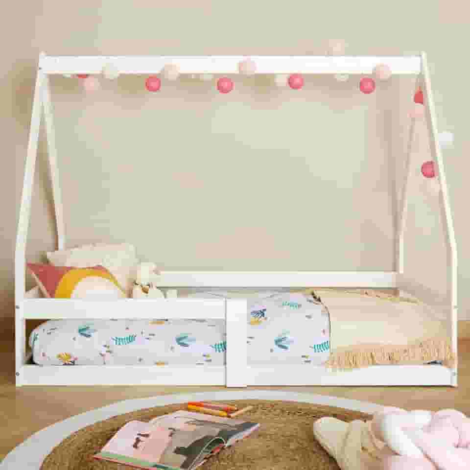 IDIMEX Mini Cama Infantil Branco Madeira Montessori Casinha com estrado Wilma