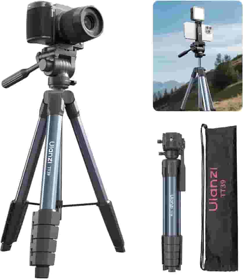ULANZI TT39 Tripé de viagem com cabeça fluida, suporte leve para câmera DSLR e celular, suporte compacto de 61 polegadas com clipe para celular para vlogs ao ar livre e filmagens em movimento