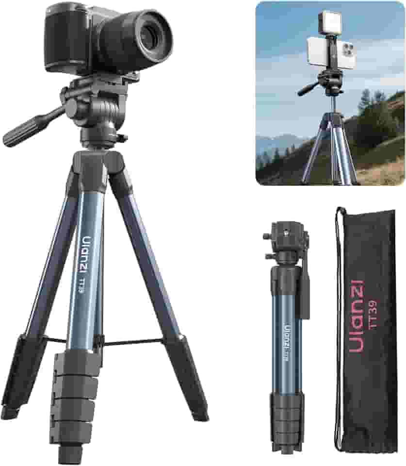 ULANZI TT39 Tripé de viagem com cabeça fluida, suporte leve para câmera DSLR e celular, suporte compacto de 61 polegadas com clipe para celular para vlogs ao ar livre e filmagens em movimento