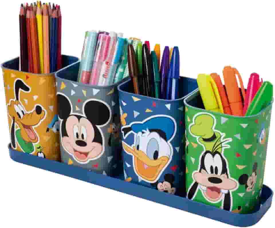 Kit 5 Peças Porta Canetas/Lápis/Objetos com Bandeja Plasútil Organizador de Mesa Escolar Infantil (Mickey)