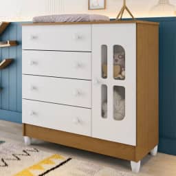 Cômoda Infantil 4 Gavetas com Fraldário Gabrielle Branco Amadeirado Carolina Baby
