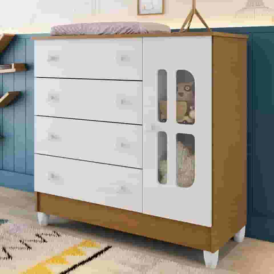 Cômoda Infantil 4 Gavetas com Fraldário Gabrielle Branco Amadeirado Carolina Baby