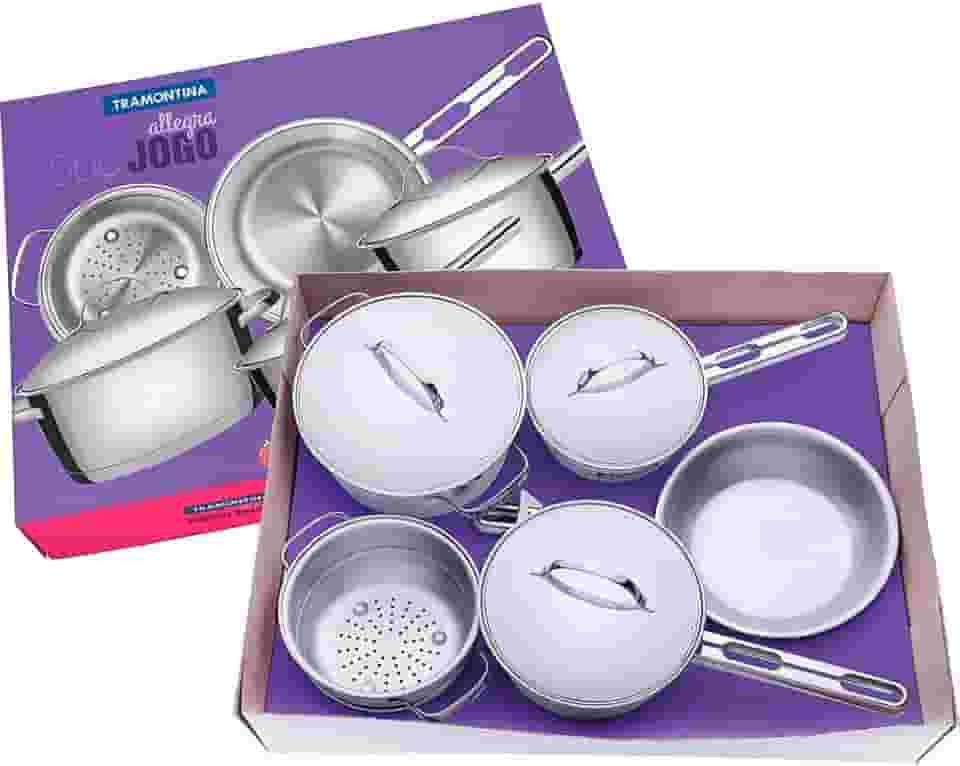 Tramontina CONJUNTO DE PANELAS 5 PEÇAS DE ACO INOX FUNDO TRIPLO - COZIMENTO + RAPIDO E UNIFORME, TAMPAS COM SAÍDA DE VAPOR - ALLEGRA - EMBALAGEM CAIXA PARDA