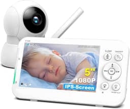 Monitor de Bebê com Câmera HD 1080p, Tela de 5 Polegadas, Áudio Bidirecional, Visão Noturna, Controle de Temperatura, Branco