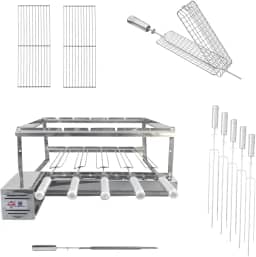Kit Churrasqueira Gira Grill Inox 5 Espetos com Motor na Frente e 2 Grelhas Auxiliares, 1 Espeto grelha giratória e 1 Espeto Espada