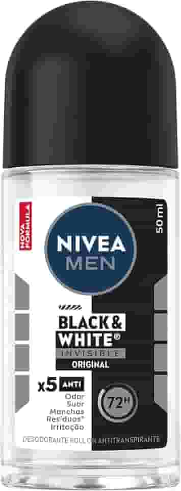 NIVEA MEN Desodorante Antitranspirante Roll On Invisible Black & White 50ml - Proteção prolongada de 48h, cuidado suave, ação antibacteriana, fórmula 5 em 1: anti-manchas, anti-odor